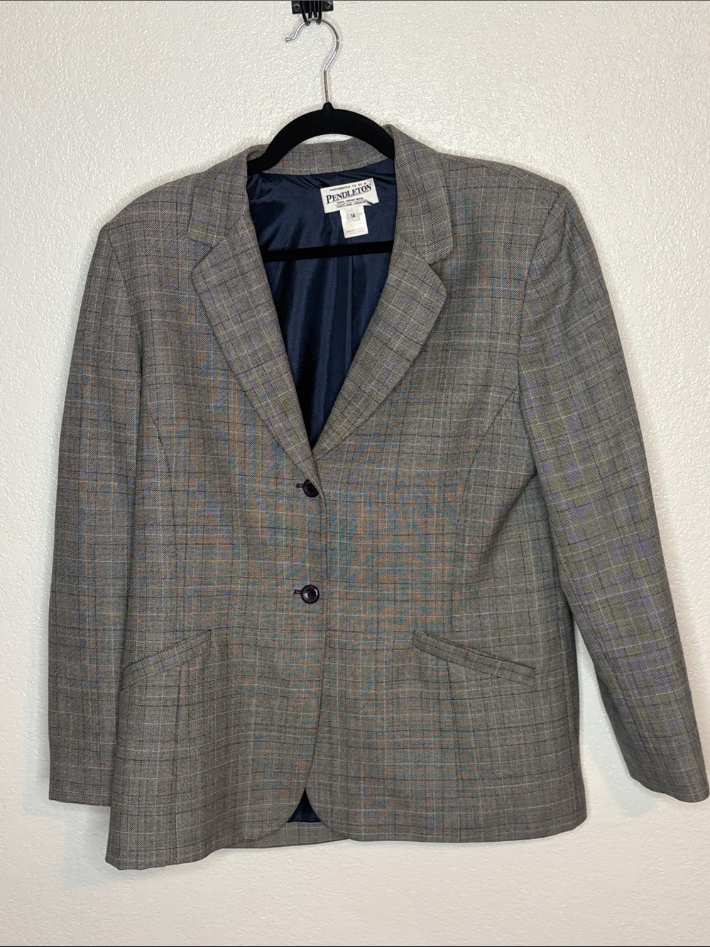 Pendleton Gray & Navy Window Pane Plaid Virgin Wool Two Button Blazer Size 14